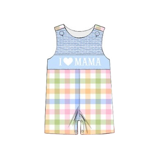10.23 (Pre Order) No moq SR3360 PRE-ORDER Baby Boys Sleeveless Colorful Checked I Love Mama Short Rompers