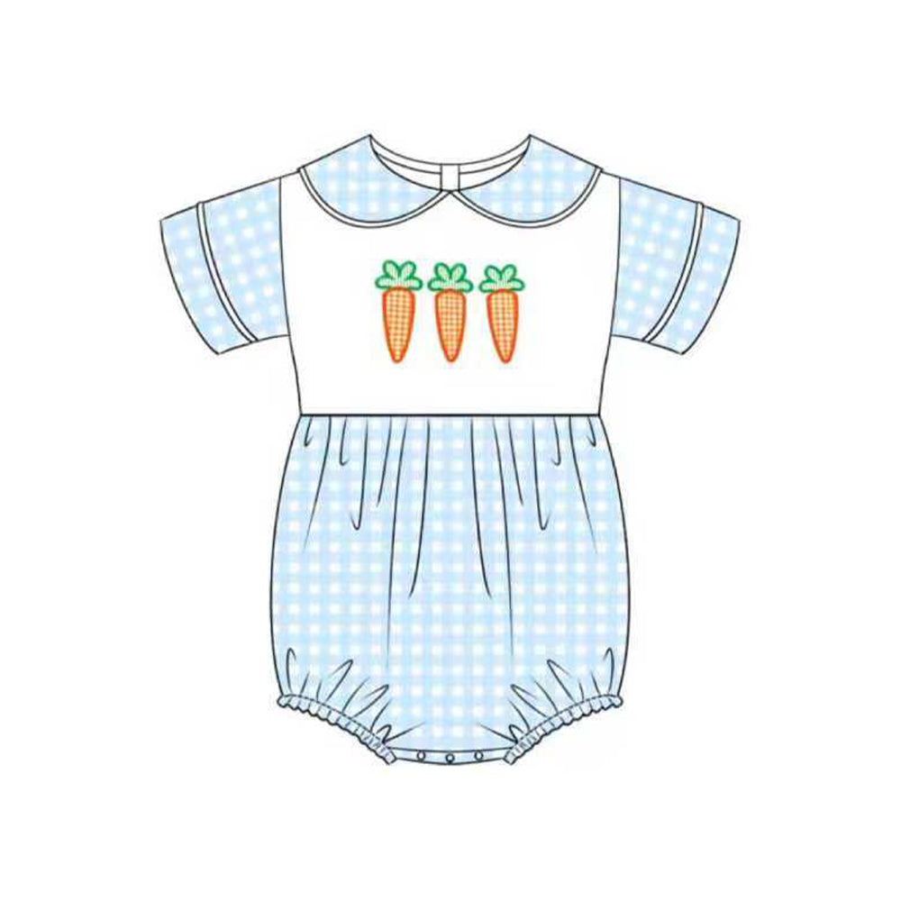 10.23 (Pre Order) No moq SR3361 PRE-ORDER Baby Boys Blue Checked Carrots Easter Collar Rompers