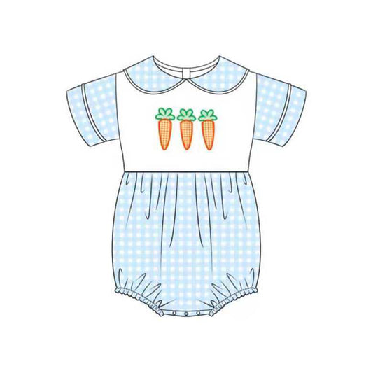 10.23 (Pre Order) No moq SR3361 PRE-ORDER Baby Boys Blue Checked Carrots Easter Collar Rompers