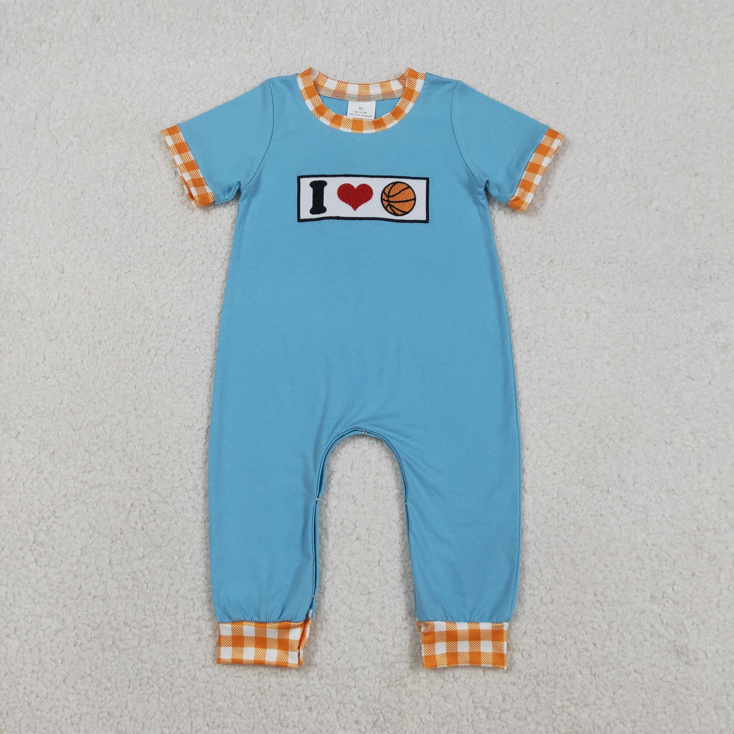 12.12 RTS NO MOQ （In stock）SR3366 Embroidery I Love Basketballs Baby Boys Team Footie Rompers