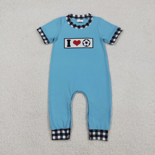 12.16 RTS NO MOQ （In stock）SR3369 Baby Boys Rompers Embroidery I Love Footballs Baby Boys Team Footie Rompers