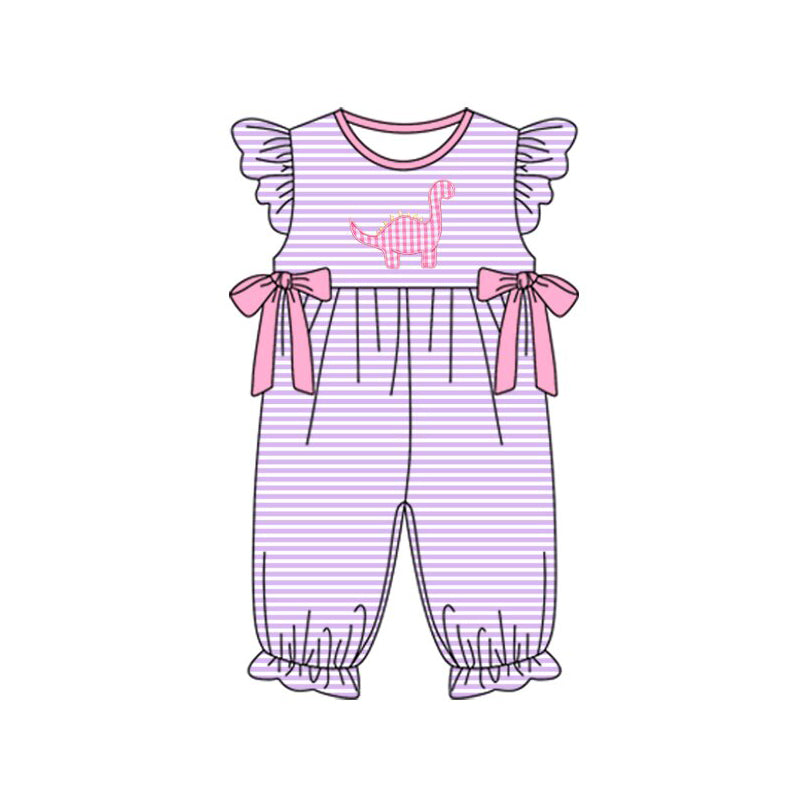 10.23 (Pre Order) No moq SR3372 PRE-ORDER Baby Girls Stripe Dinosaurs Bows Ruffle Footie Rompers