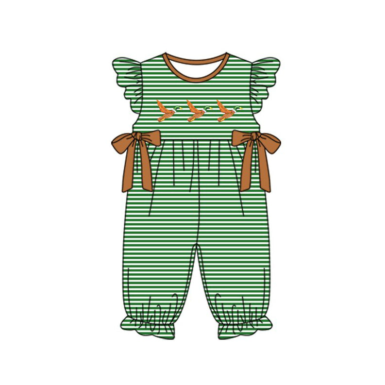 10.23 (Pre Order) No moq SR3373 PRE-ORDER Baby Girls Stripe Ducks Bows Ruffle Footie Rompers