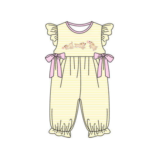 10.23 (Pre Order) No moq SR3374 PRE-ORDER Baby Girls Stripe Dogs Bows Ruffle Footie Rompers