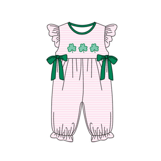 10.23 (Pre Order) No moq SR3375 PRE-ORDER Baby Girls Stripe Clovers Bows Ruffle Footie Rompers