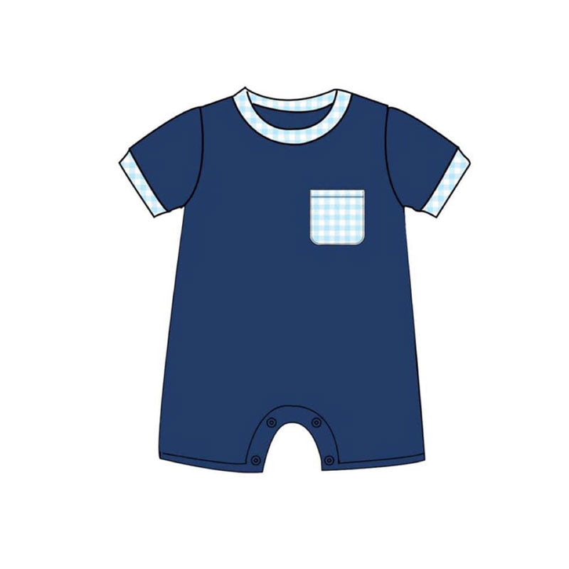10.30 SR3377 Pre Order No moq Baby Boys Navy Short Sleeve Checked Pocket Shorts Rompers
