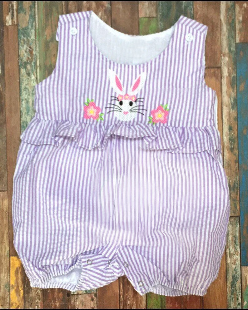 10.30 SR3379 Pre Order No moq Baby Girls Lavender Stripe Rabbit Flowers Easter Ruffle Shorts Rompers