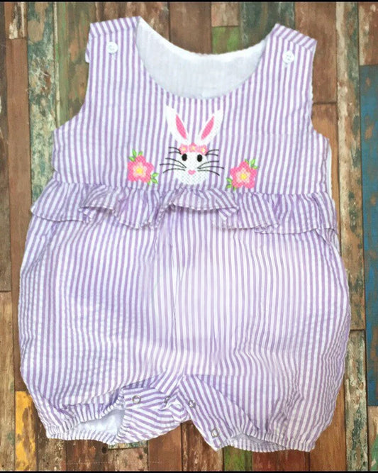 10.30 SR3379 Pre Order No moq Baby Girls Lavender Stripe Rabbit Flowers Easter Ruffle Shorts Rompers
