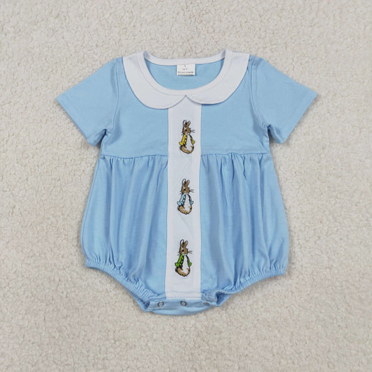 1.9 RTS NO MOQ （In stock）SR3383 Embroidery Rabbits Baby Boys Short Sleeve Easter Collar Rompers