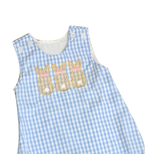 10.30 SR3384 Pre Order No moq Baby Girls Blue Checked Bows Rabbits Easter Ruffle Rompers