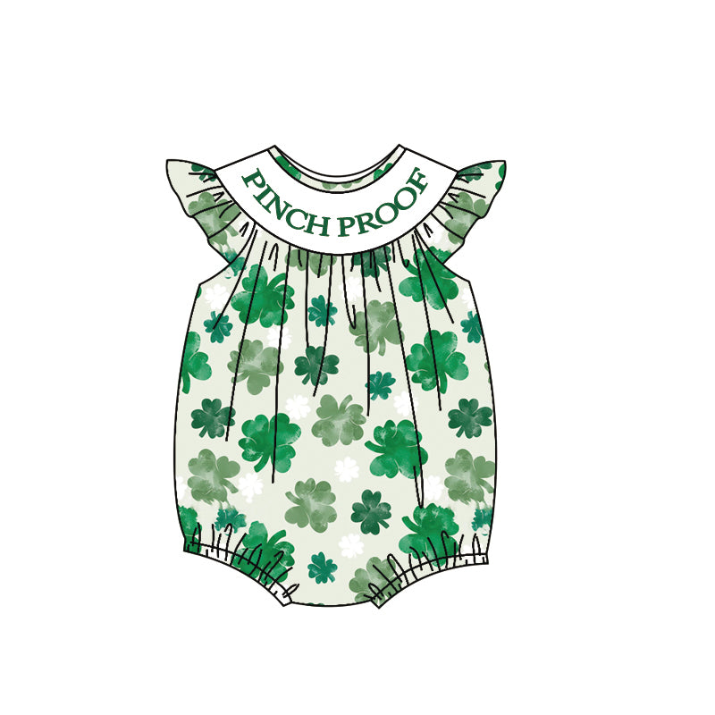10.28 SR3388 Pre Order No moq Baby Girls Flutter Sleeve Pinch Proof Clovers St Patrick Ruffle Rompers
