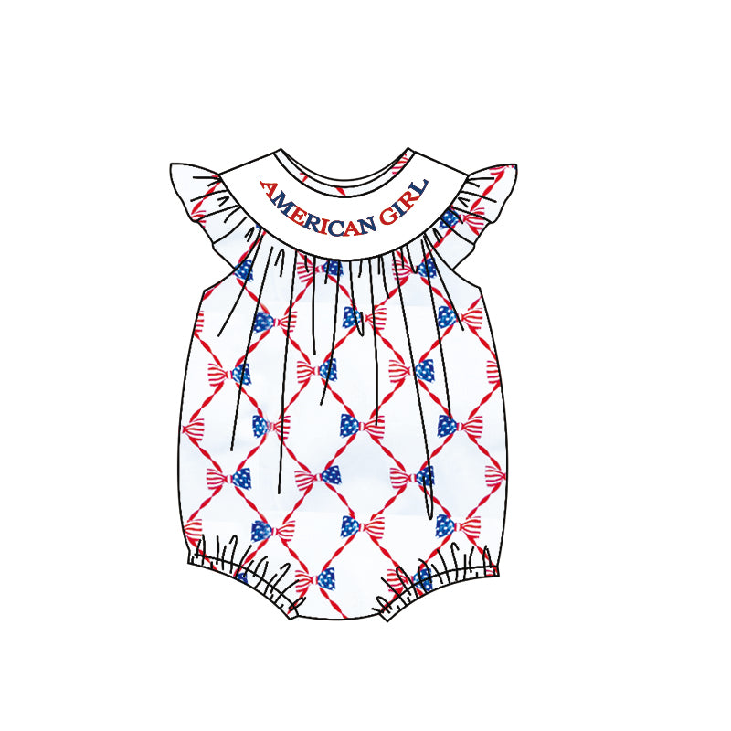 10.28 SR3389 Pre Order No moq Baby Girls Flutter Sleeve Bows Checked American Girl July 4th Ruffle Rompers