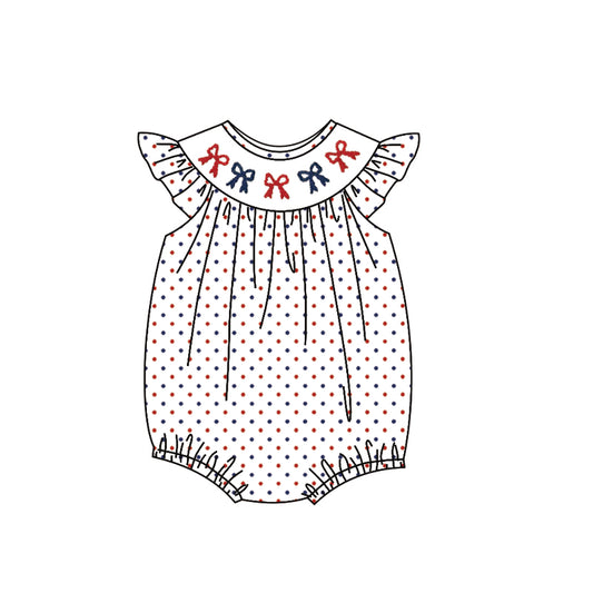 10.28 SR3390 Pre Order No moq Baby Girls Flutter Sleeve Red Blue Bows Polka Dots July 4th Ruffle Rompers