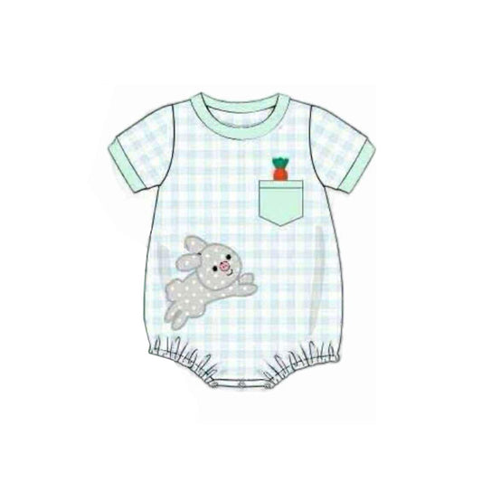 10.28 SR3393 Pre Order No moq Baby Boys Checked Rabbits Carrot Easter Rompers