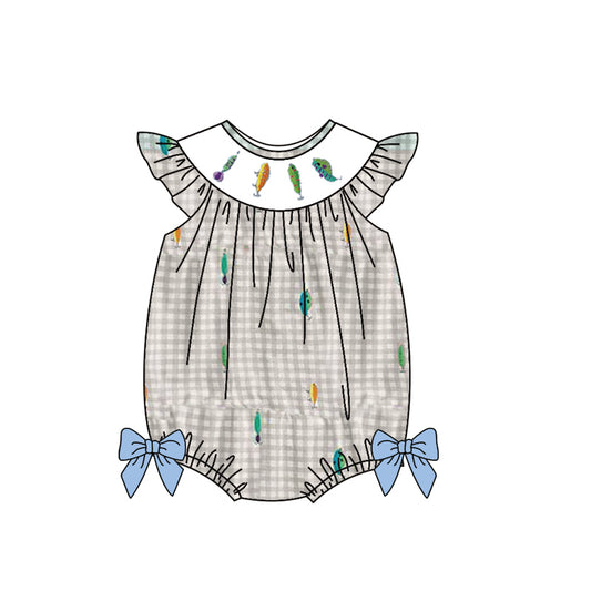 10.28 SR3395 Pre Order No moq Baby Girls Flutter Sleeve Fishing Checked Ruffle Rompers