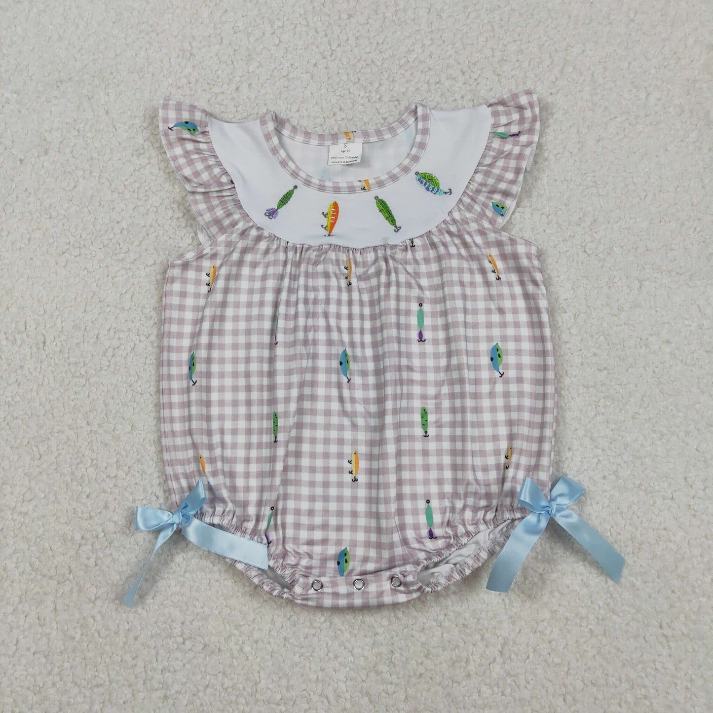 12.16 RTS NO MOQ （In stock）SR3395 Baby Girls Summer Rompers Embroidery Fishing Baby Girls Flutter Sleeve Checked Hunting Rompers