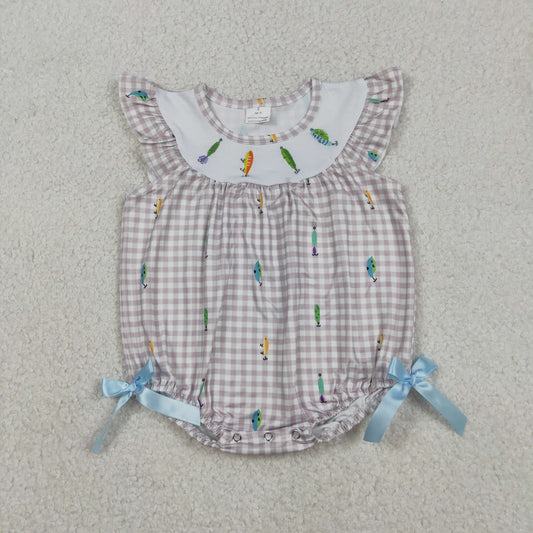 12.16 RTS NO MOQ （In stock）SR3395 Baby Girls Summer Rompers Embroidery Fishing Baby Girls Flutter Sleeve Checked Hunting Rompers
