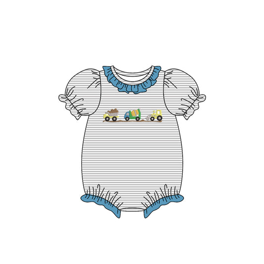 10.28 SR3398 Pre Order No moq Baby Girls Excavator Stripe Collar Ruffle Rompers