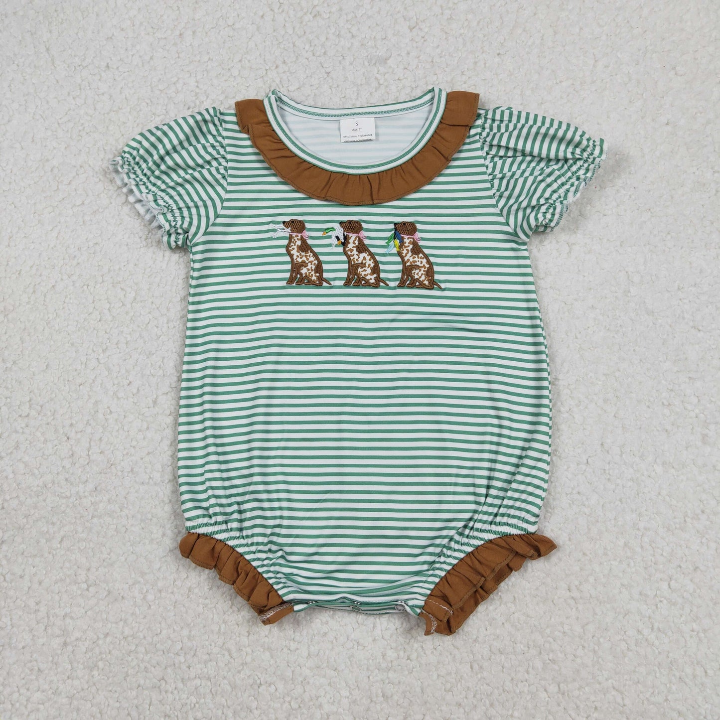 12.22 RTS NO MOQ （In stock）SR3404 Embroidery Ducks Dogs Baby Girls Stripe Collar Hunting Ruffle Rompers