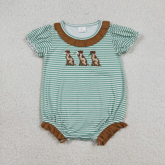 12.22 RTS NO MOQ （In stock）SR3404 Embroidery Ducks Dogs Baby Girls Stripe Collar Hunting Ruffle Rompers