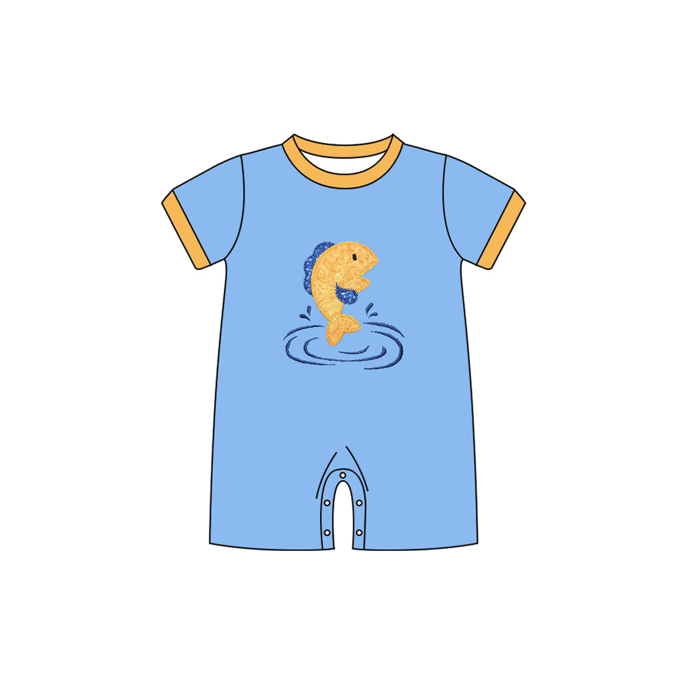 10.27 (Pre Order) No moq SR3409 PRE-ORDER Baby Boys Short Sleeve Blue Fishes Hunting Shorts Rompers