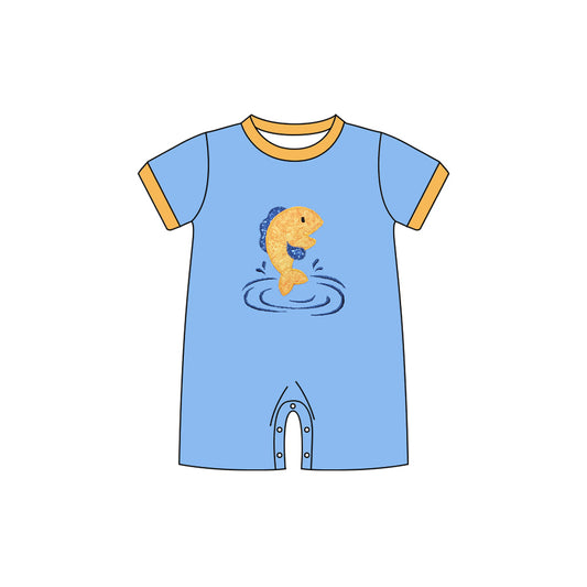 10.27 (Pre Order) No moq SR3409 PRE-ORDER Baby Boys Short Sleeve Blue Fishes Hunting Shorts Rompers