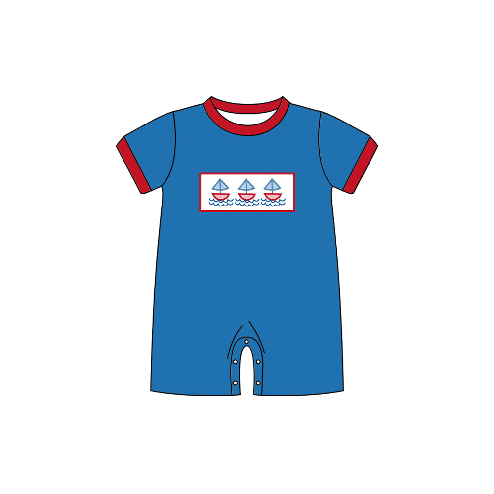 10.27 (Pre Order) No moq SR3410 PRE-ORDER Baby Boys Short Sleeve Hot Blue Boats Shorts Rompers