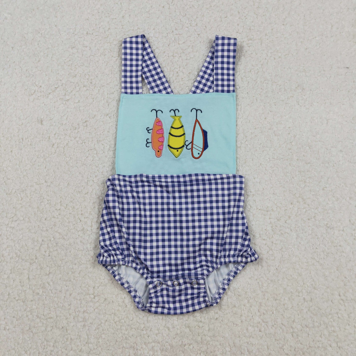 12.12 RTS NO MOQ （In stock）SR3413 Baby Boys Rompers Embroidery Fishing Baby Boys Checked Strap Hunting Rompers