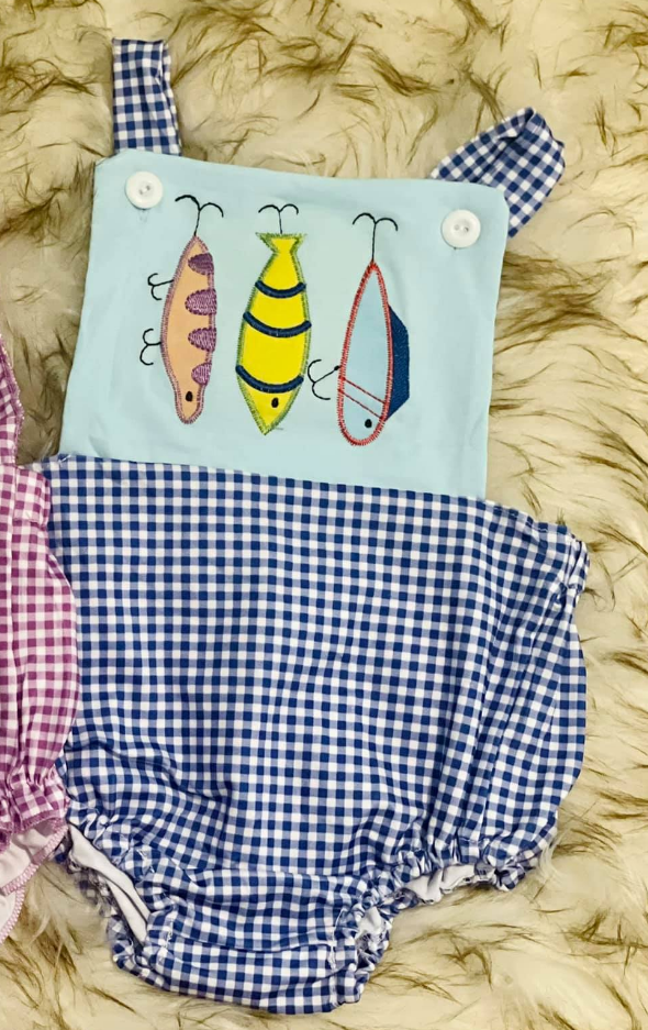 10.27 (Pre Order) No moq SR3413 PRE-ORDER Baby Boys Strap Fishing Checked Hunting Rompers