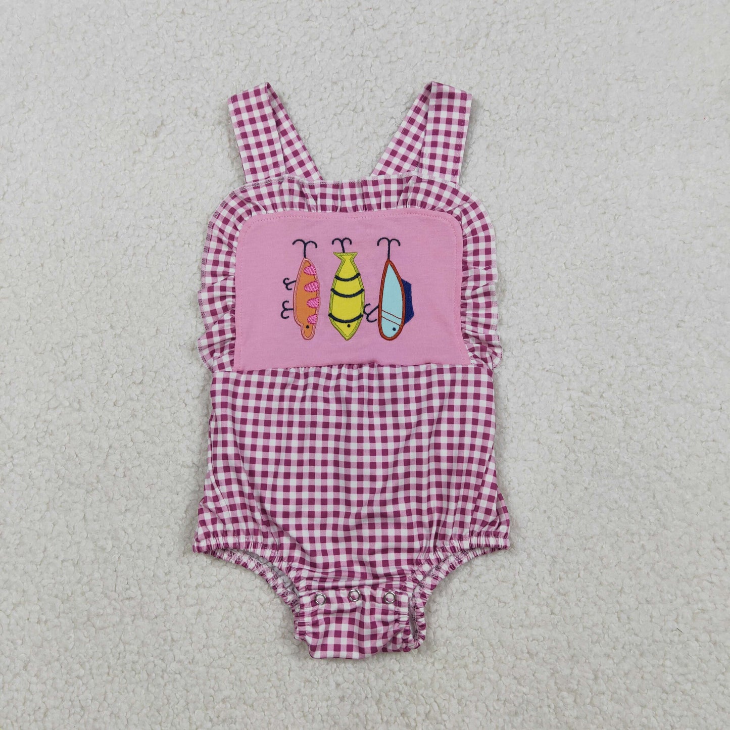 12.9 RTS NO MOQ （In stock）SR3414 Baby Girls Summer Rompers Embroidery Fishing Baby Girls Pink Checked Strap Checked Hunting Ruffle Rompers