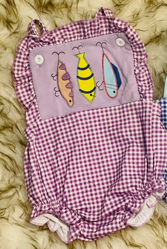 10.27 (Pre Order) No moq SR3414 PRE-ORDER Baby Girls Strap Fishing Checked Ruffle Hunting Rompers