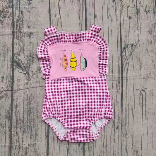 11.11 SR3414 Sample No Moq Baby Girls Strap Fishing Checked Ruffle Hunting Rompers