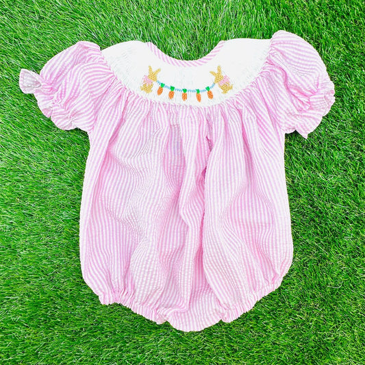 10.28 SR3416 Pre Order No moq Baby Girls Pink Stripe Rabbits Carrots Easter Ruffle Rompers