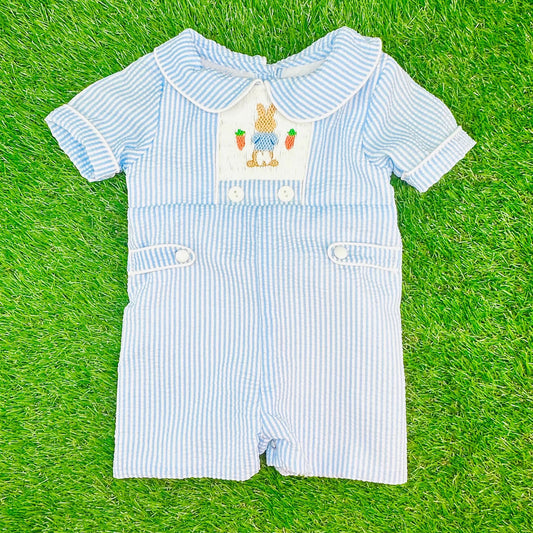 10.28 SR3417 Pre Order No moq Baby Boys Blue Stripe Rabbits Carrots Easter Short Rompers