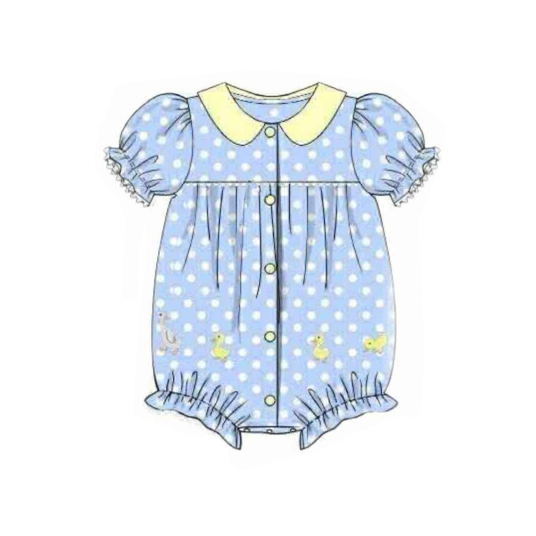 10.28 SR3419 Pre Order No moq Baby Girls Polka Dots Gooses Ducks Button Ruffle Rompers