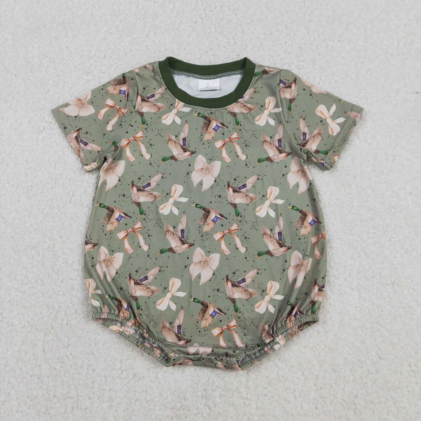 12.11 RTS NO MOQ （In stock）SR3421 Baby Boys Rompers Baby Girls Short Sleeve Green Ducks Bows Hunting Rompers
