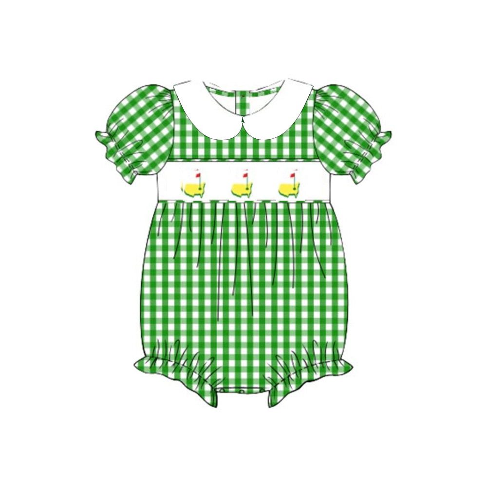 10.31 SR3455 Pre Order No moq Baby Girls Green Checked Golf Flags Collar Ruffle Rompers
