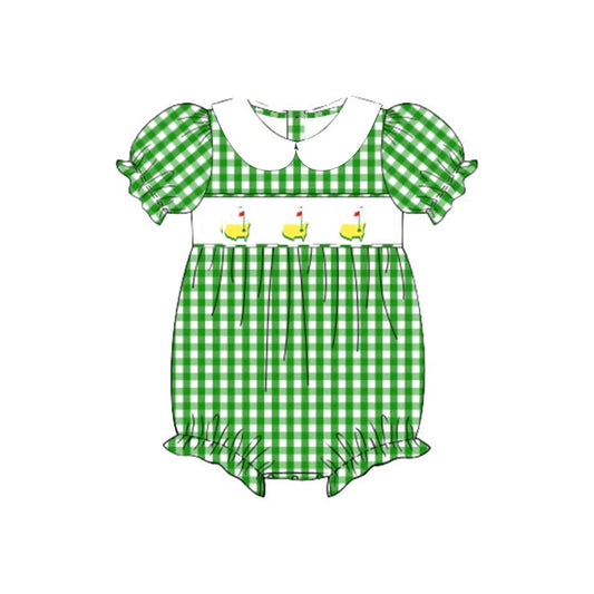 10.31 SR3455 Pre Order No moq Baby Girls Green Checked Golf Flags Collar Ruffle Rompers