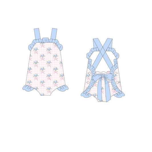 10.31 SR3460 Pre Order No moq Baby Girls Strap Pink Blue Flowers Checked Back Bow Ruffle Rompers