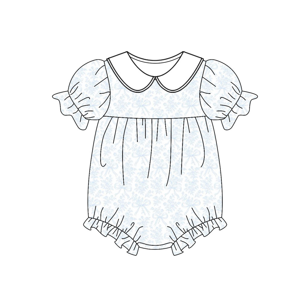 10.31 SR3462 Pre Order No moq Baby Girls Light Blue Bows Flowers Collar Ruffle Rompers