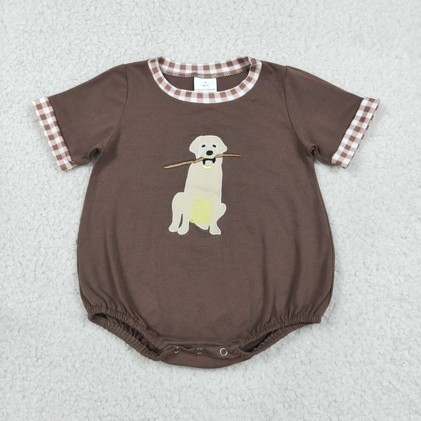 SR3470 RTS NO MOQ （In stock）Short sleeves brown dog embroidery kids boys summer romper