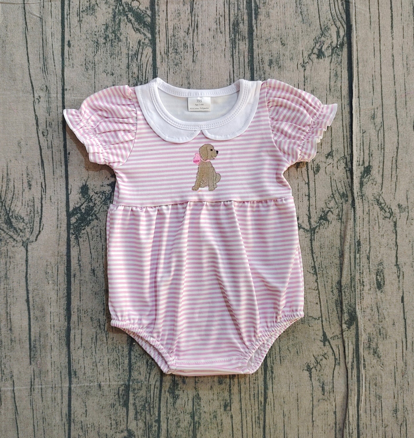 12.23 SR3476 Sample No Moq Embroidery Dogs Baby Girls Pink Stripe Valentines Ruffle Rompers