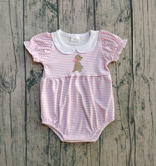 12.23 SR3476 Sample No Moq Embroidery Dogs Baby Girls Pink Stripe Valentines Ruffle Rompers