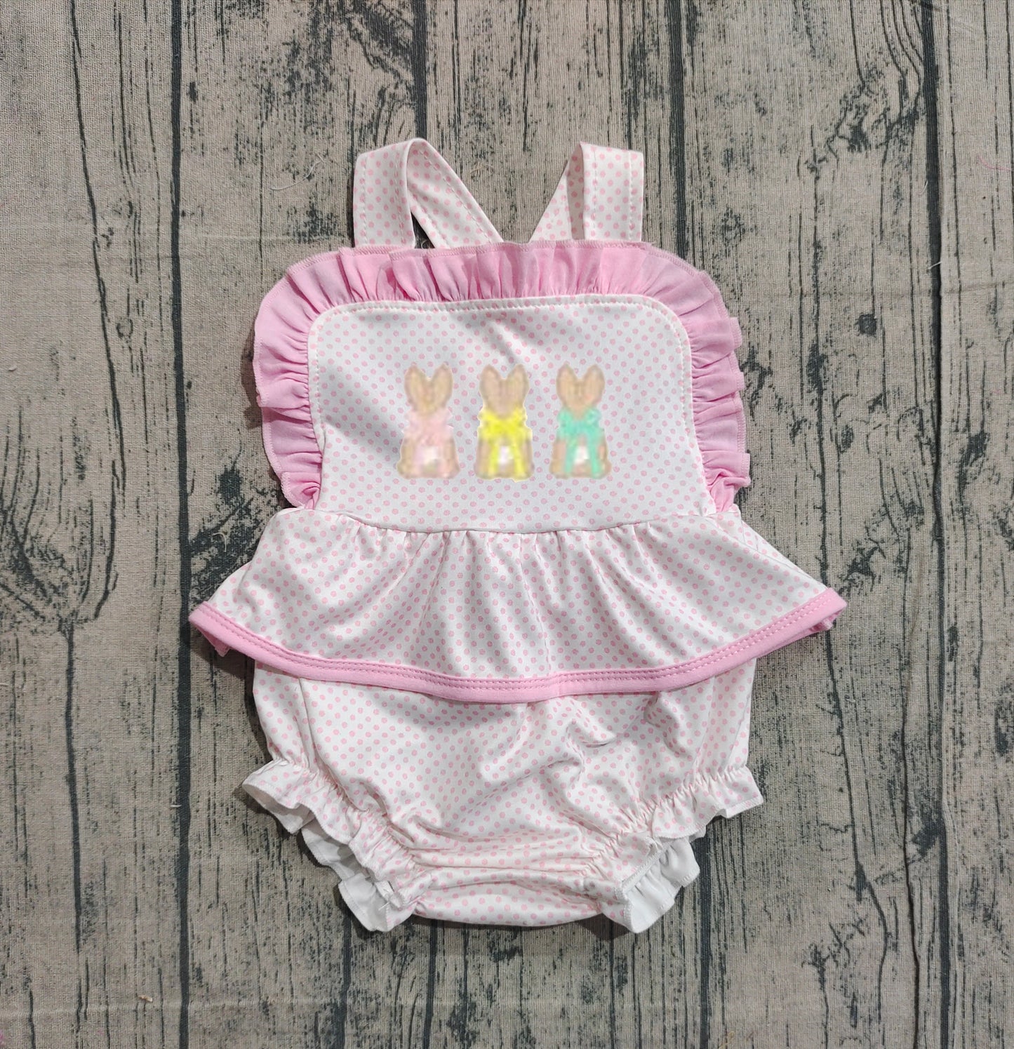 12.1 SR3477 Sample No Moq Embroidery Rabbits Baby Girls Strap Easter Ruffle Rompers