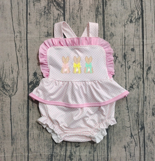 12.1 SR3477 Sample No Moq Embroidery Rabbits Baby Girls Strap Easter Ruffle Rompers