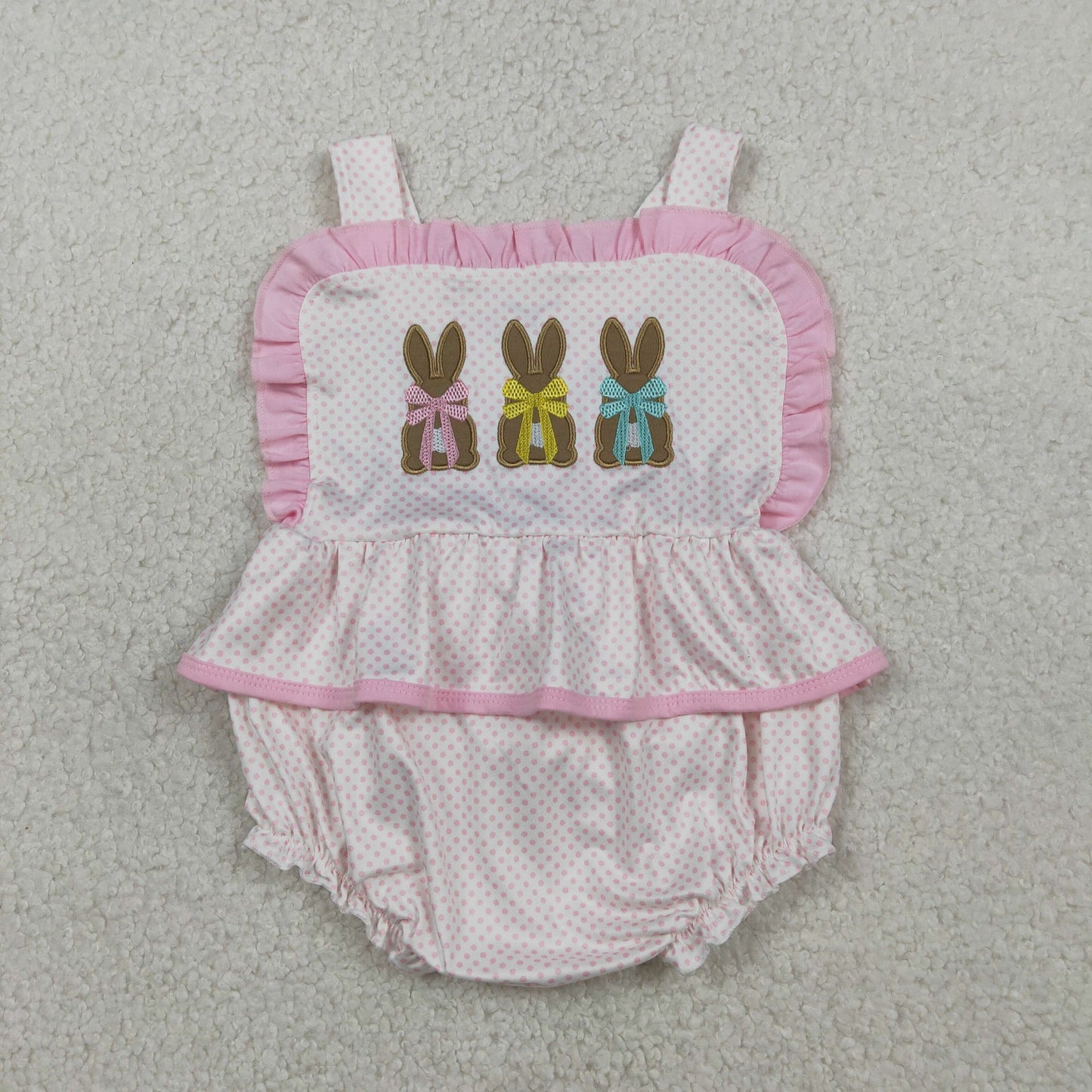 1.21 RTS NO MOQ （In stock）SR3477 Embroidery Rabbits Baby Girls Strap Polka Dots Easter Ruffle Rompers