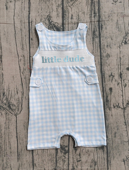 12.22 SR3482 Sample No Moq Smocked Little Dude Baby Boys Sleeveless Checked Shorts Rompers
