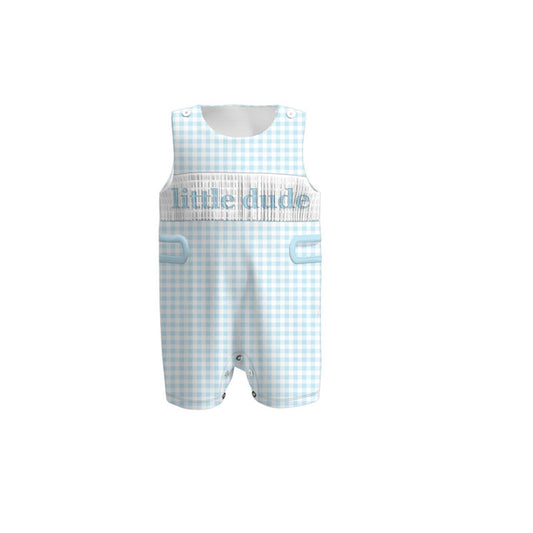 11.5 SR3482 Pre Order No moq Baby Boys Sleeveless Blue Checked Little Dude Shorts Rompers