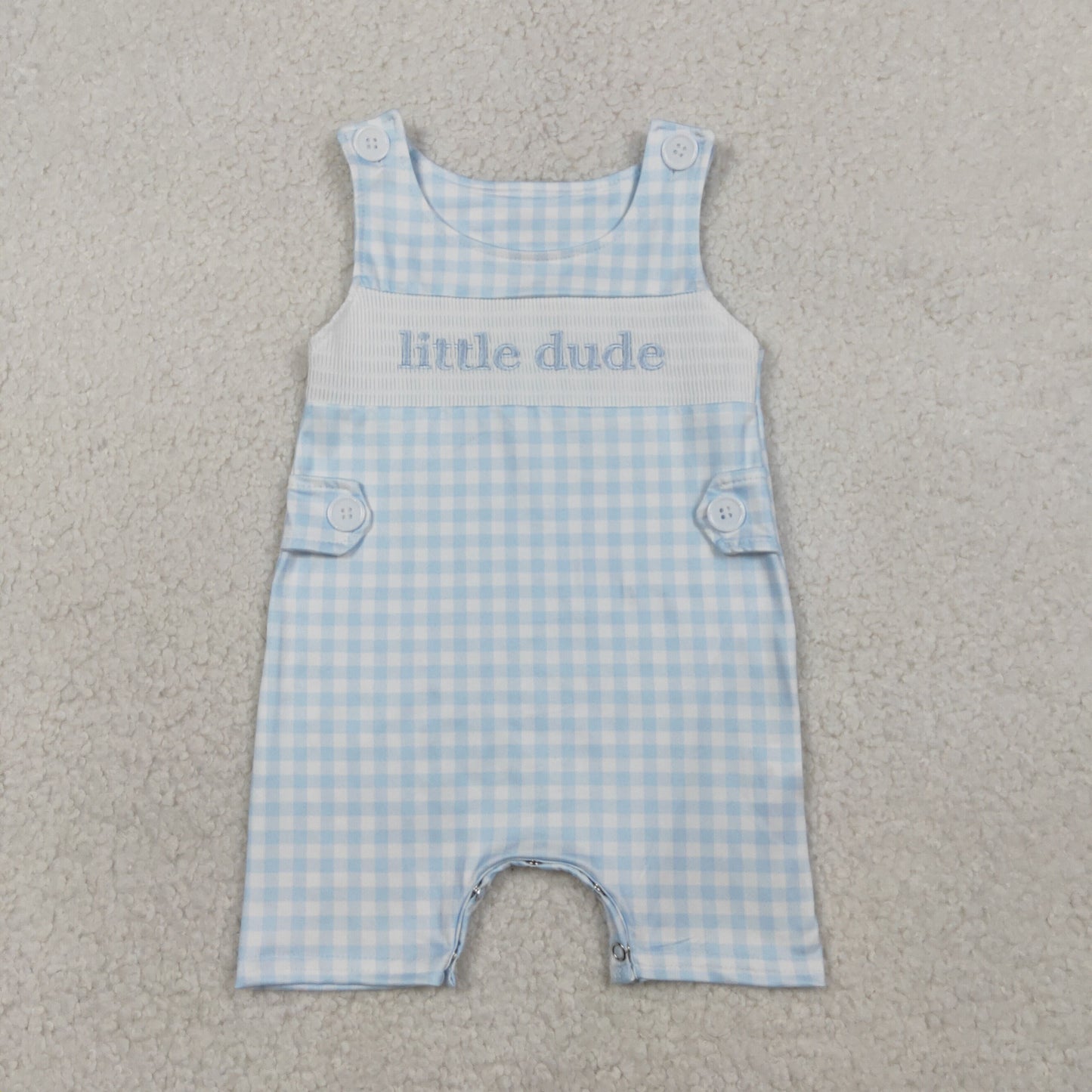 1.19 RTS NO MOQ （In stock）SR3482 Smocked Little Dude Baby Boys Sleeveless Checked Rompers