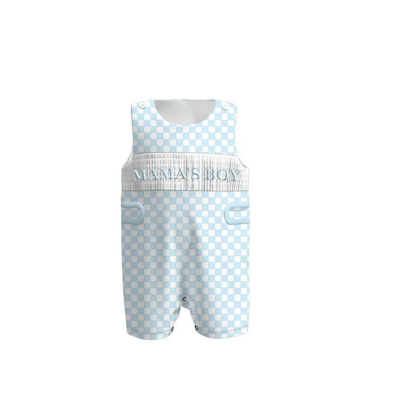 11.5 SR3483 Pre Order No moq Baby Boys Sleeveless Blue Checked Mama's Boy Shorts Rompers